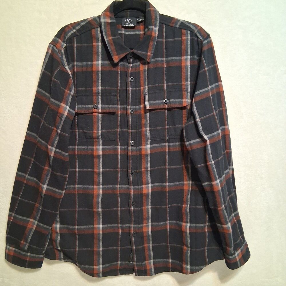 Burnside Lg Shirt Flannel Black Brown Plaid Cotton Blend Outdoors Hiking Chore